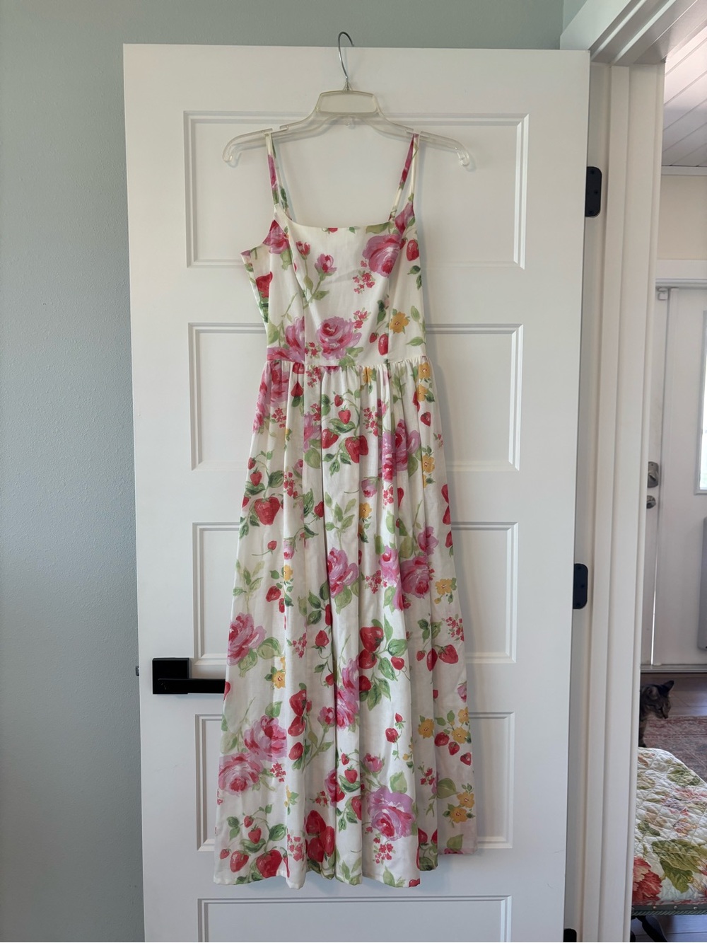 Laura Ashley VTG White Maxi Dress with Pink and Green strawberry Floral Print 4